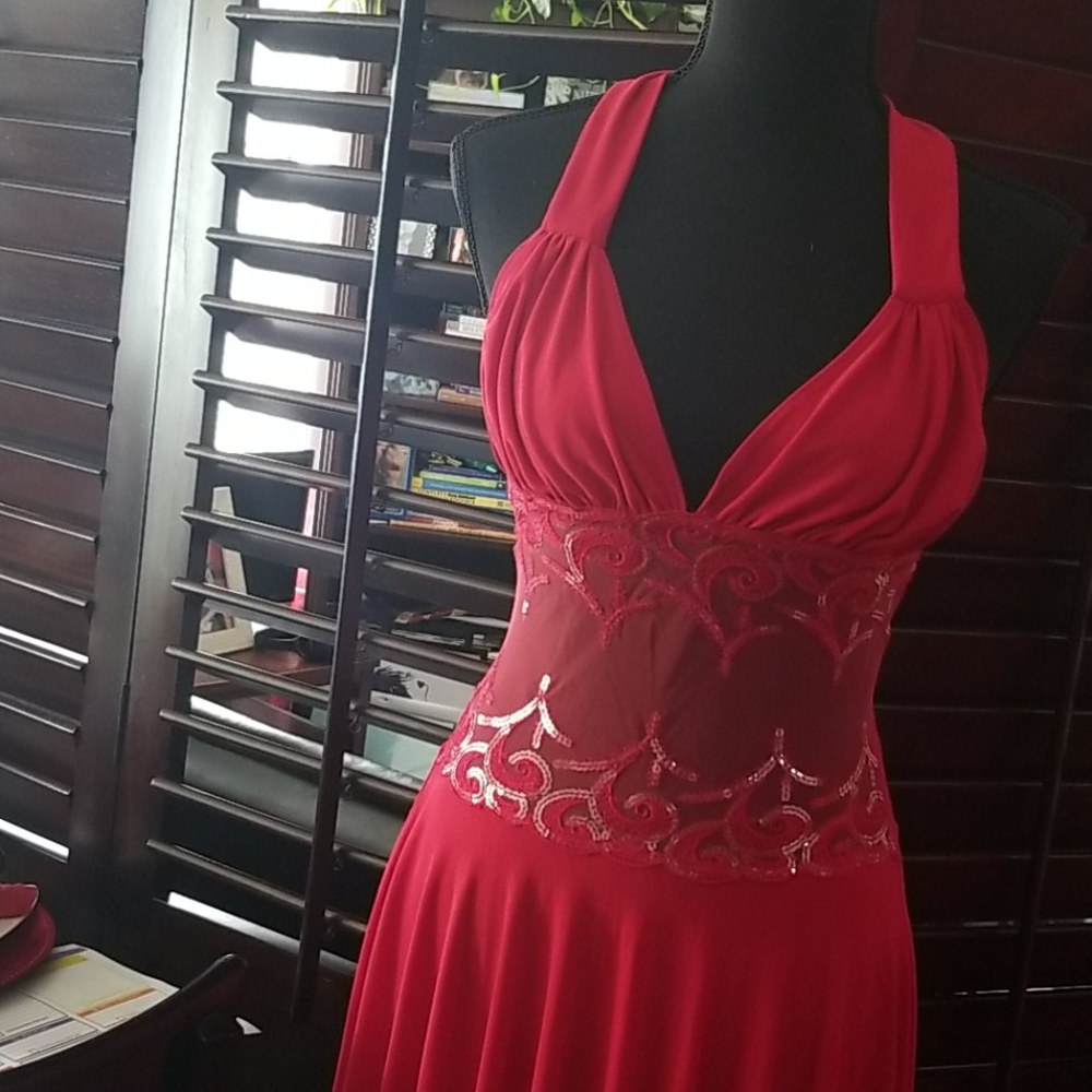 Red halter back evening dress